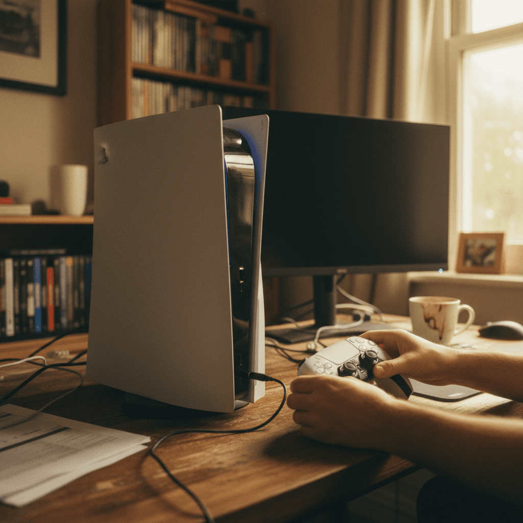 PlayStation 5 being set up on a desk