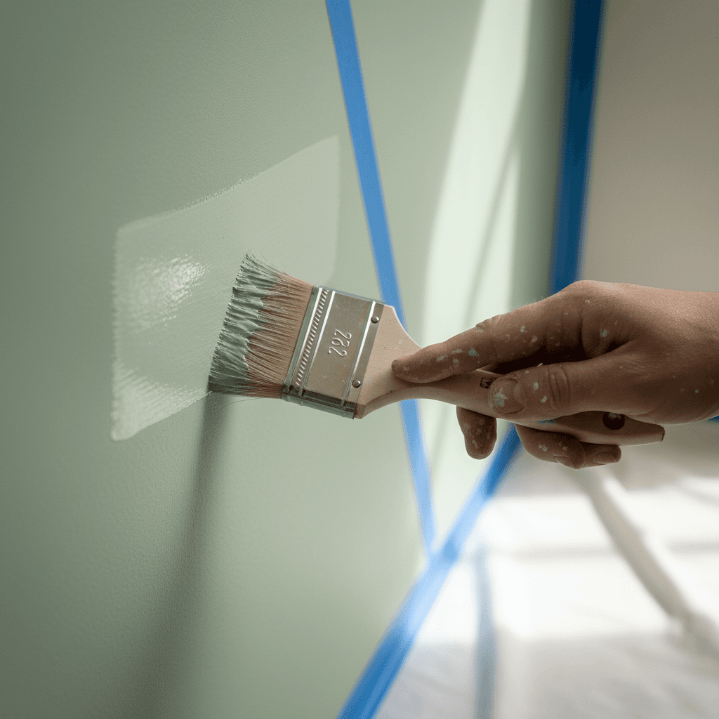 Painter's hands applying fresh paint to accent wall with brush, demonstrating professional technique and attention to detail
